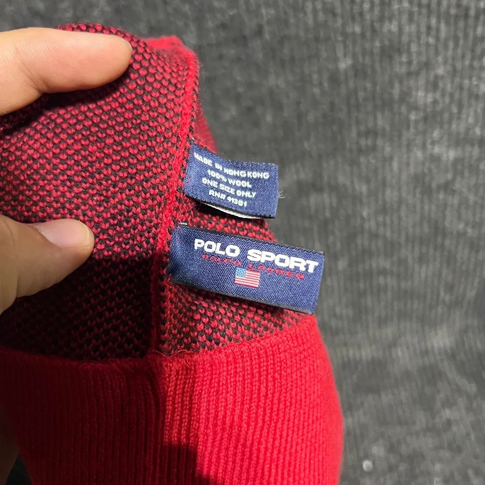 Vintage Polo Sport Beanie Mens OS Red Black Wool Crest Knit Hat 90s Ralph Lauren